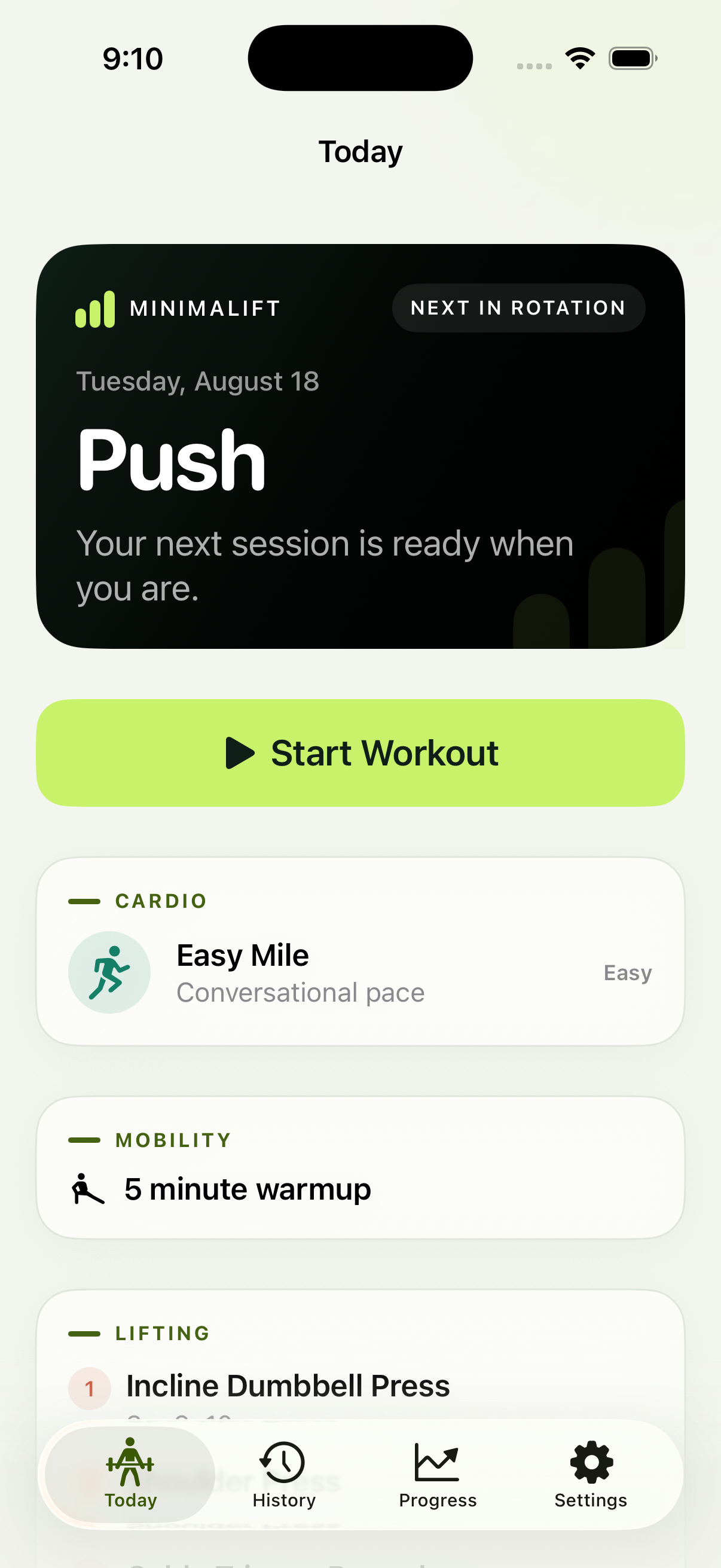The Today screen of the Minimalift workout app